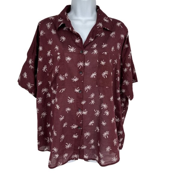 Madewell Burgundy Palm Print Button-Up Shirt Womens Lightweight & Breezy Size L - Picture 1 of 10
